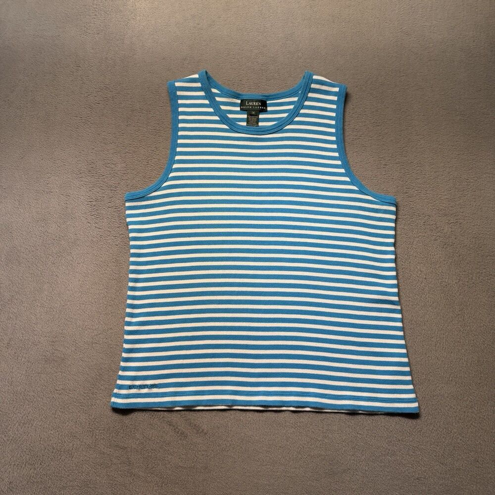 Lauren Ralph Lauren Womens 1X Tank Top Blue White Striped Cotton Sleeveless